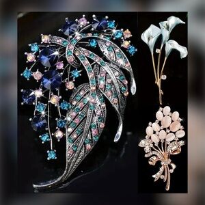 3-Piece Floral Statement Brooch Bundle • Rhinestone & Enamel Pins • Like New